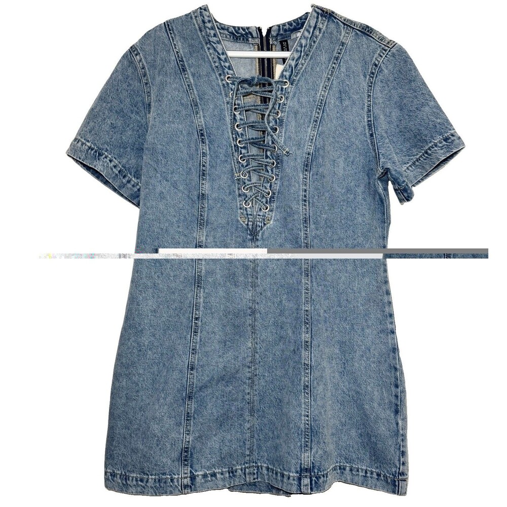H&M Divided Lacing Detail Denim Dress M Light Wash Flared Mini NWT